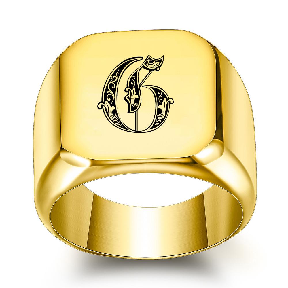 Europe, America 26 personalized English initials titanium steel ring male retro punk square 14MM gold trendy male wholesale