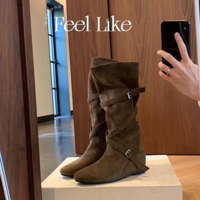 Women's Pleated Mid-Calf Boots with Hidden Heel - 2025 Autumn Korean Style Round Toe Buckled Western Cowboy Design.