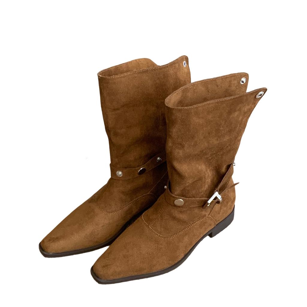 Fashion boots · niche design retro French suede short boots small square head can be turned through western boots