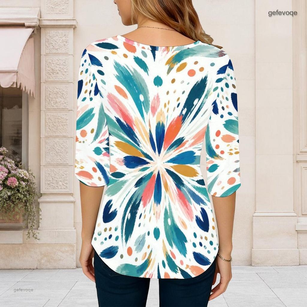 Women Plus Size Round Neck Elbow Length Multicolor Printed Curved Hem T Shirt