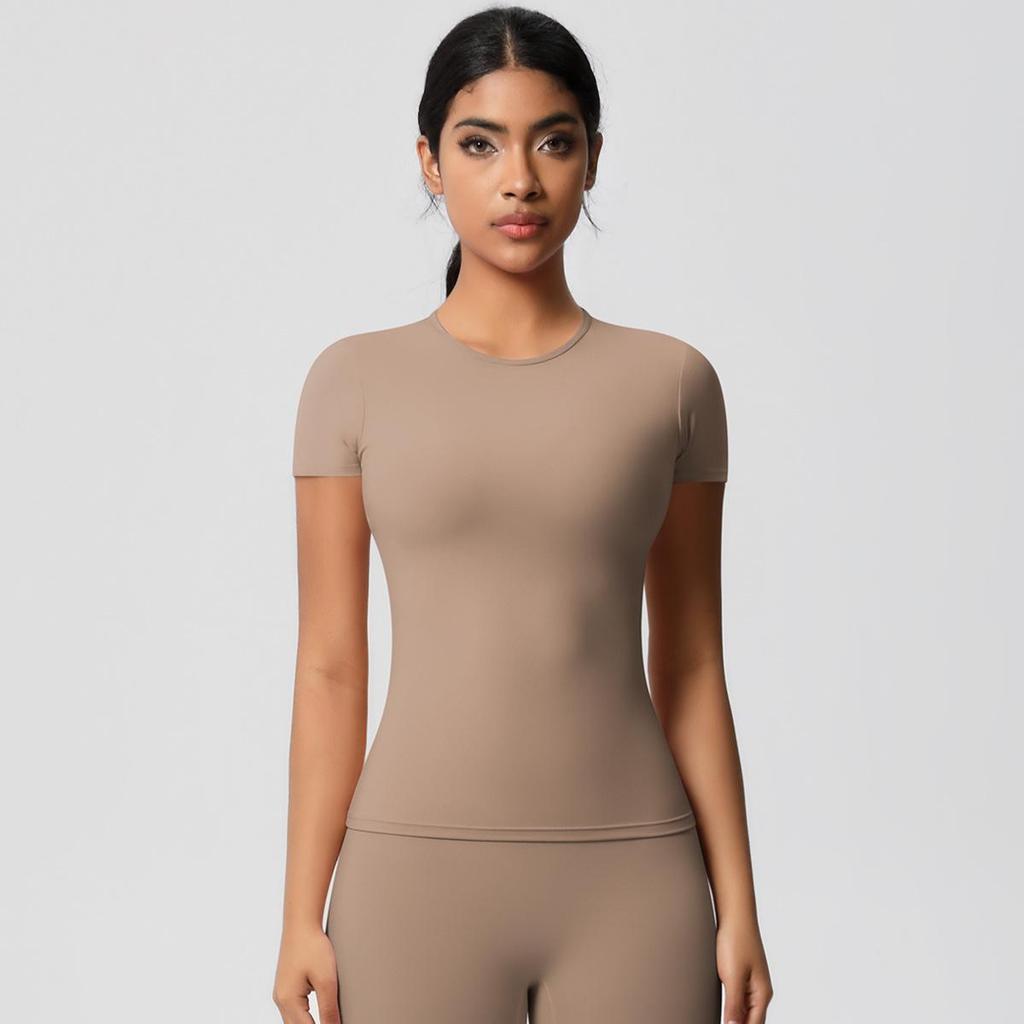 Gebürstetes Nude Slim-Fit Rundhals Yoga-Top - Kurzärmlig, Atmungsaktiv, Vielseitige Sportbekleidung