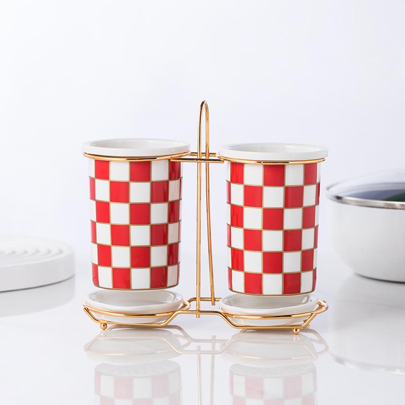 Checkerboard Ceramic Chopsticks Holder Drain Rack Chopsticks Basket Chopsticks Box Cutlery Box Storage Rack Wall-mounted Shelf
