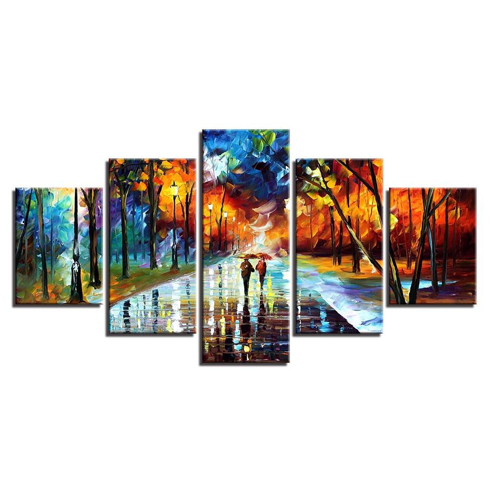 

Абстрактное дерево Любовь Прогулка под дождем Ночная сцена Холст Фреска 5 панелей Пейзаж Настенная живопись Без рамки 30x40cm*2 30x60cm*2 30x80cm*1 No Frame