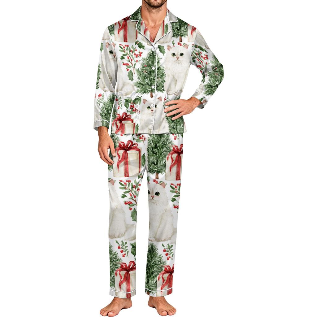 Men's Long Sleeve Button-Down Pajama Set, 2-Piece Sleepwear Loungewear with Pants for Home and Bedtime