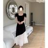 Large size short-sleeved dress for women's summer waist and thin splicing long dress, slightly contrasting skirt