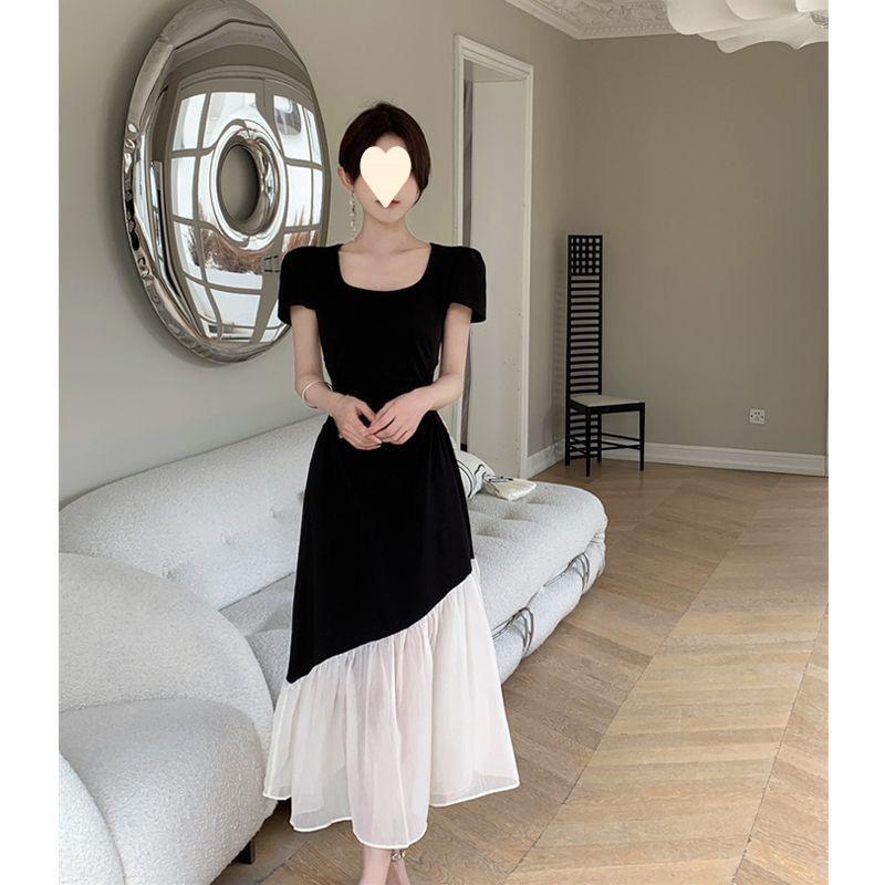 Large size short-sleeved dress for women's summer waist and thin splicing long dress, slightly contrasting skirt