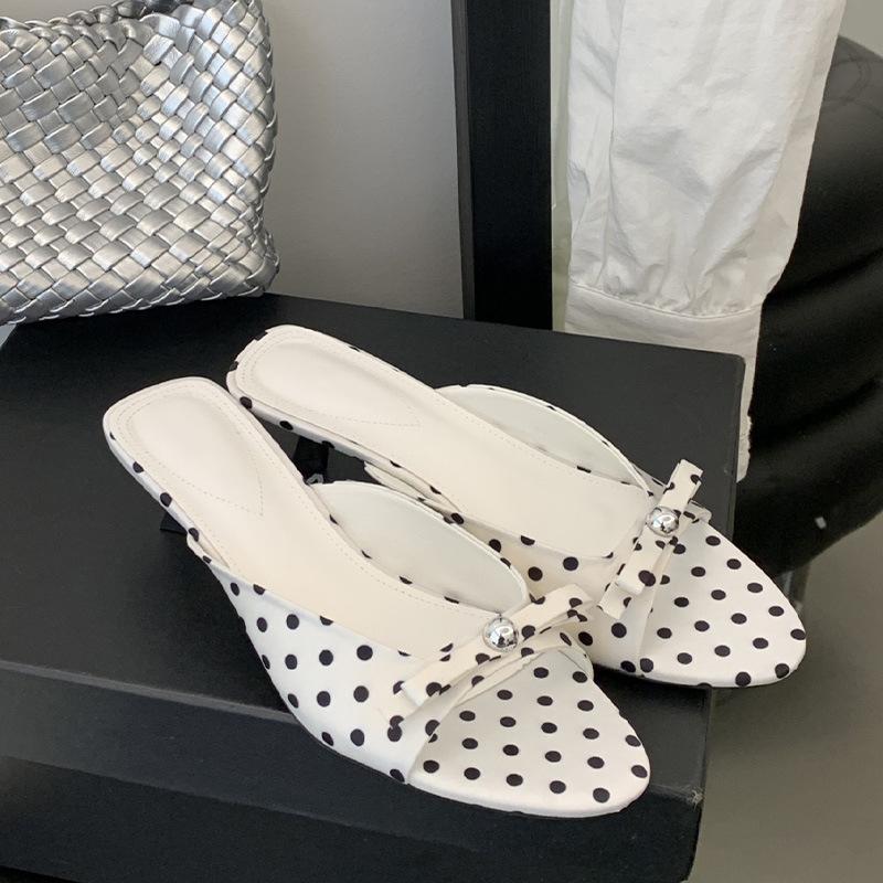 With Skirts, Thin Heels, Small Sandals, Women's Summer Wear 2025 New Fashion Polka Dot Kitten and Cool Slippers, One-word Slippers