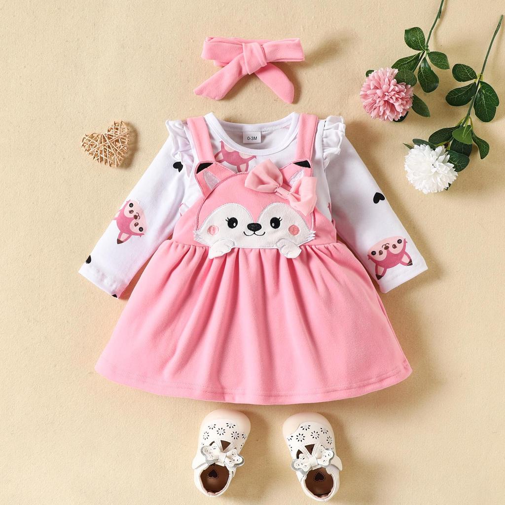 2023 Fall/Winter Baby & Toddler Fox Heart Print Long Sleeve Bodysuit with Bow Strap Dress Set
