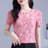 Women's O Neck Short Sleeve Mesh Top Slim Fit Elegant Geometric Line Print Blouse Summer Casual Tee