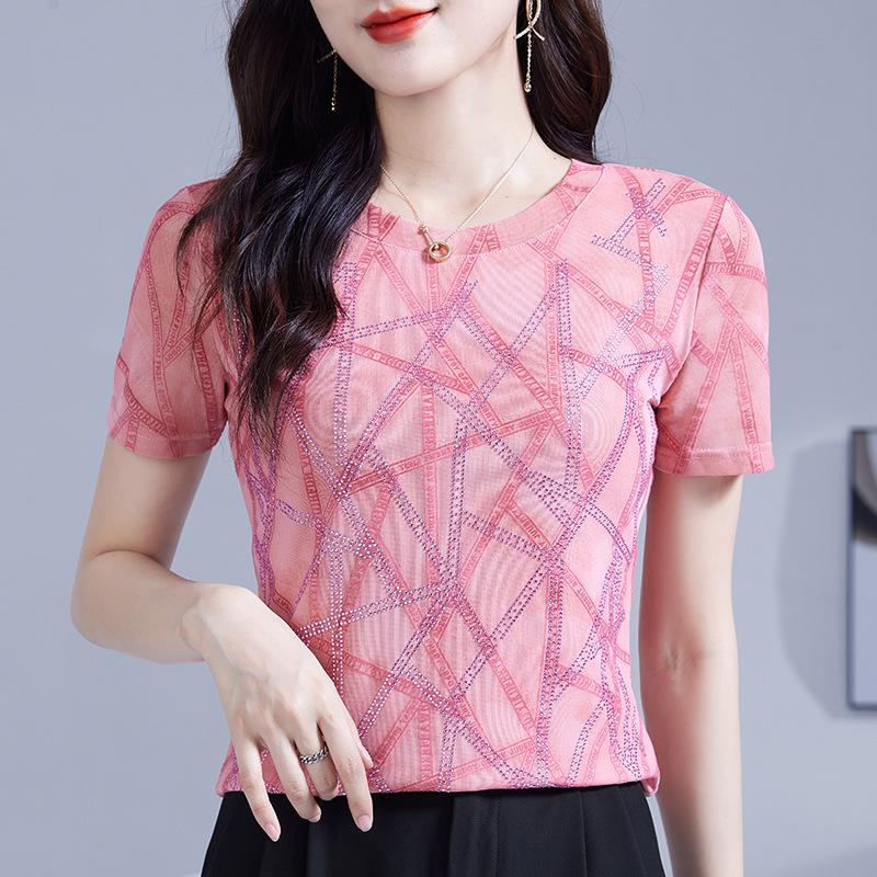 Women's O Neck Short Sleeve Mesh Top Slim Fit Elegant Geometric Line Print Blouse Summer Casual Tee