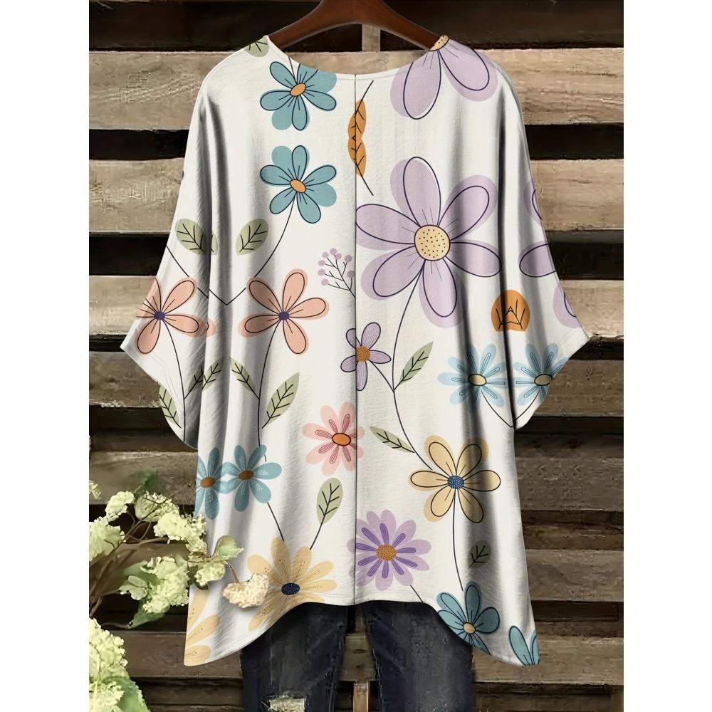 

Bohemian Top for Women Elegant Colour Floral Graphics Design Round Neck Irregular Hem Women Casual Fashion Women Vacation Tops 5XL