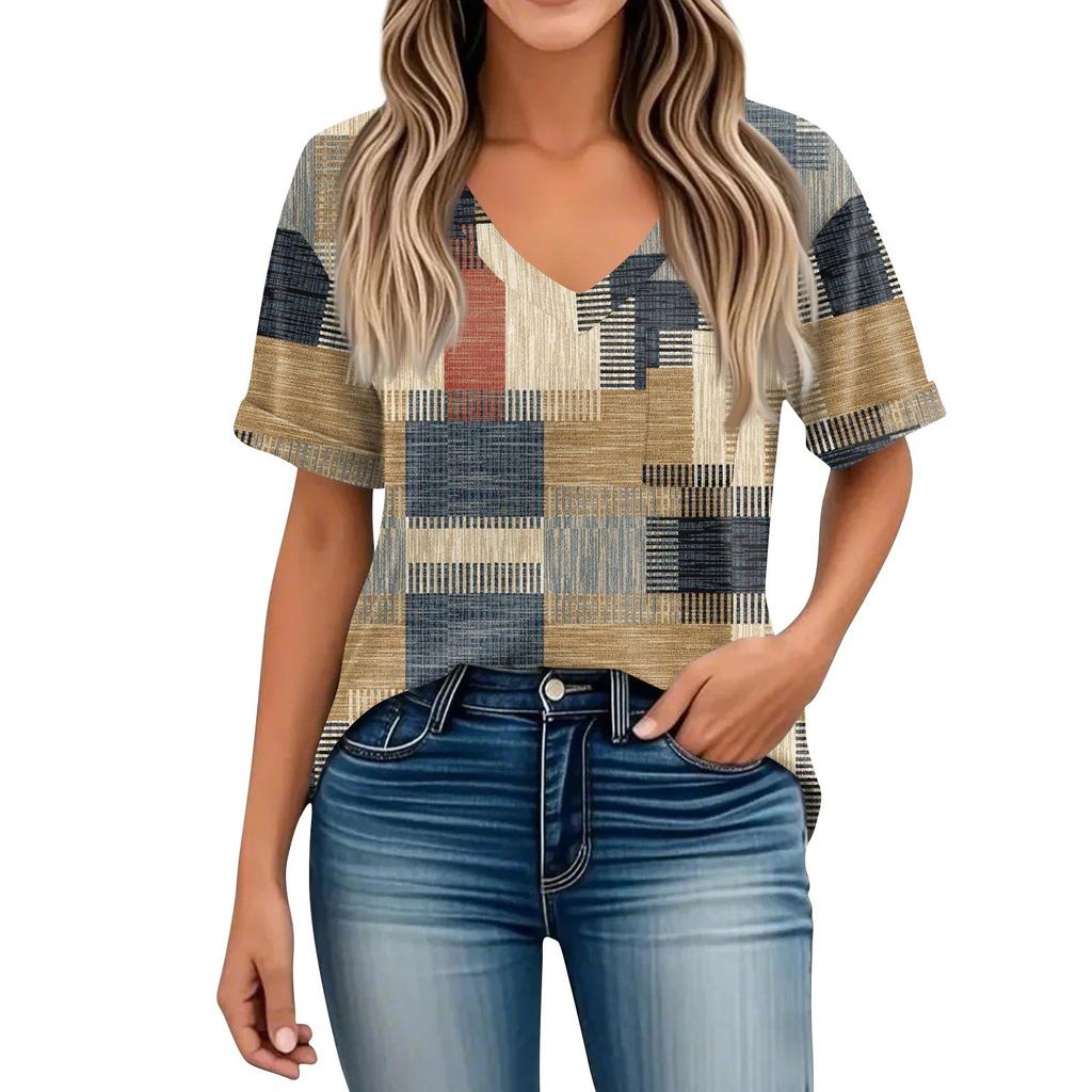 Womens Tops V-neck Short Sleeve Blouses Casual Fashion Print Tunic Tops With Pockets