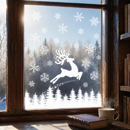 Christmas Window Clings White Elk Clings, Snowy Xmas Tree Windows Stickers, Shop Display Winter Forest Trees Decorations for Party Home Office