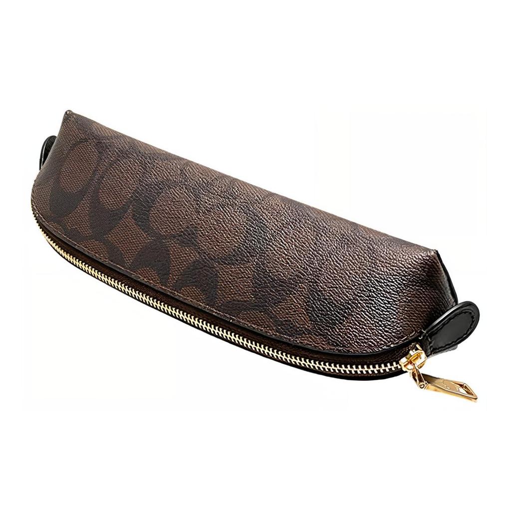 New COACH Pencil Case Iconic Coated Canvas With Smooth Leather Makeup Brush Bag Makeup Bag Small Women's Dark Brown C6333-IMAA8