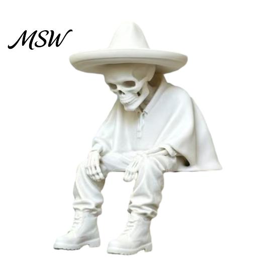 Spooky Aesthetic Office Ornaments 3D Printed Sitting Skeleton Shelf Sitter Figurine, Gothic Hat Desktop Figurines Ornament, Trendy Home Table