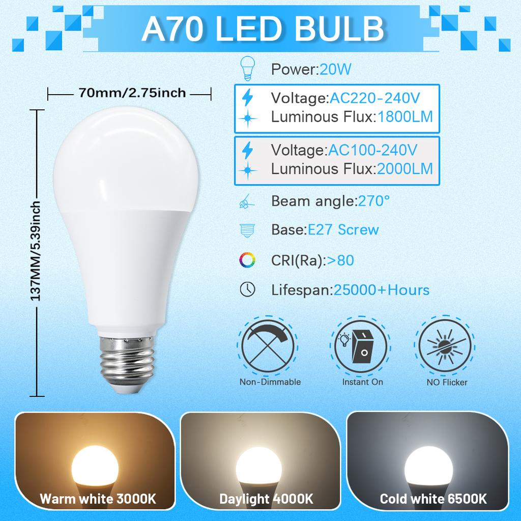 A60 A80 LED Bulb Lamps 8W 9W 10W 12W 15W 18W 20W 24W  Light Bulbs AC 220V 110V E27 Daylight Lighting for Home Foyer Room Decor