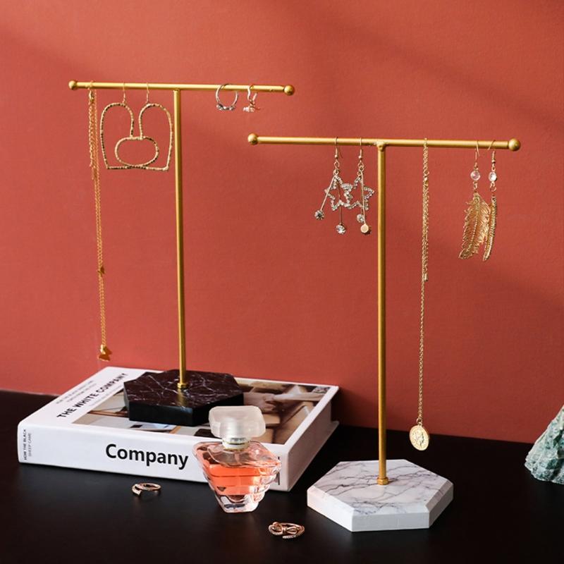 Marbled T-Shape Jewelry Rack Metal Necklace Holder Jewelry Tree Bracelet Display Stand Organizer with Hex Base