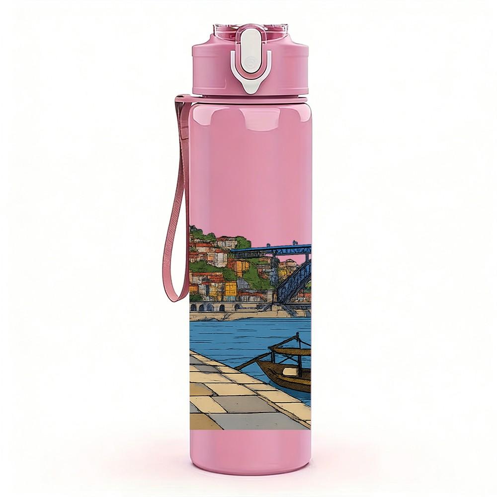 1PC Old Bridge River City Scene Print 750ml Color Plastic Sports Water Bottle Leakproof Flip Straw Lid Suitable for Sports Office Home Use