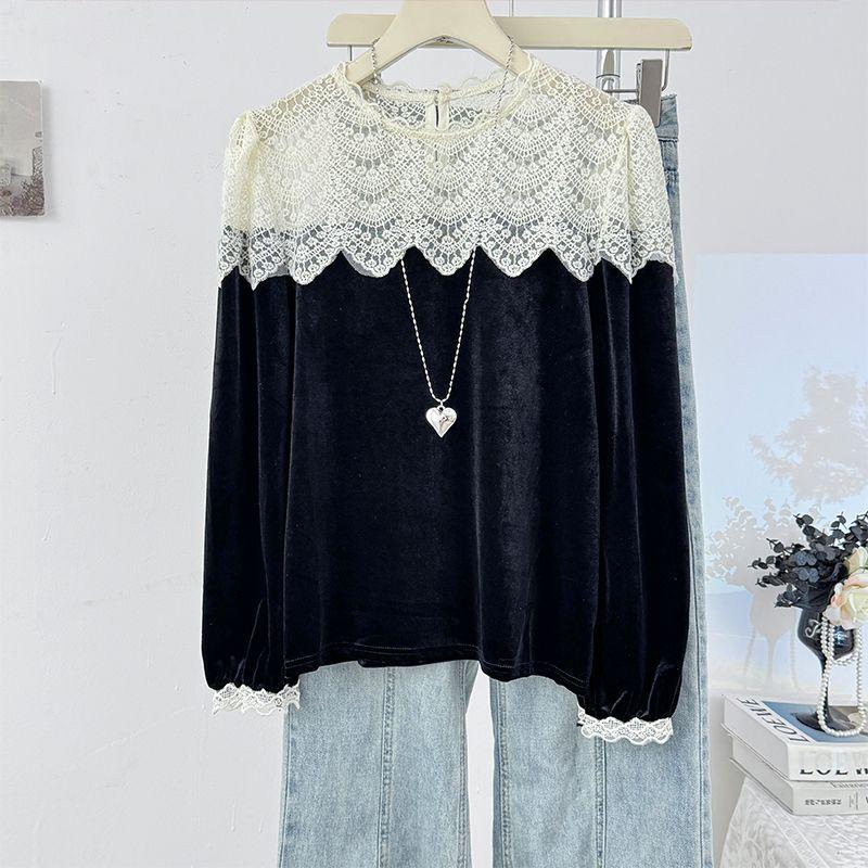 

Французская Элегантная Темпераментная Кружевная Лоскутная Бархатная Футболка с Длинным Рукавом для Женщин на Осень 2025 Свободный Топ L чёрный