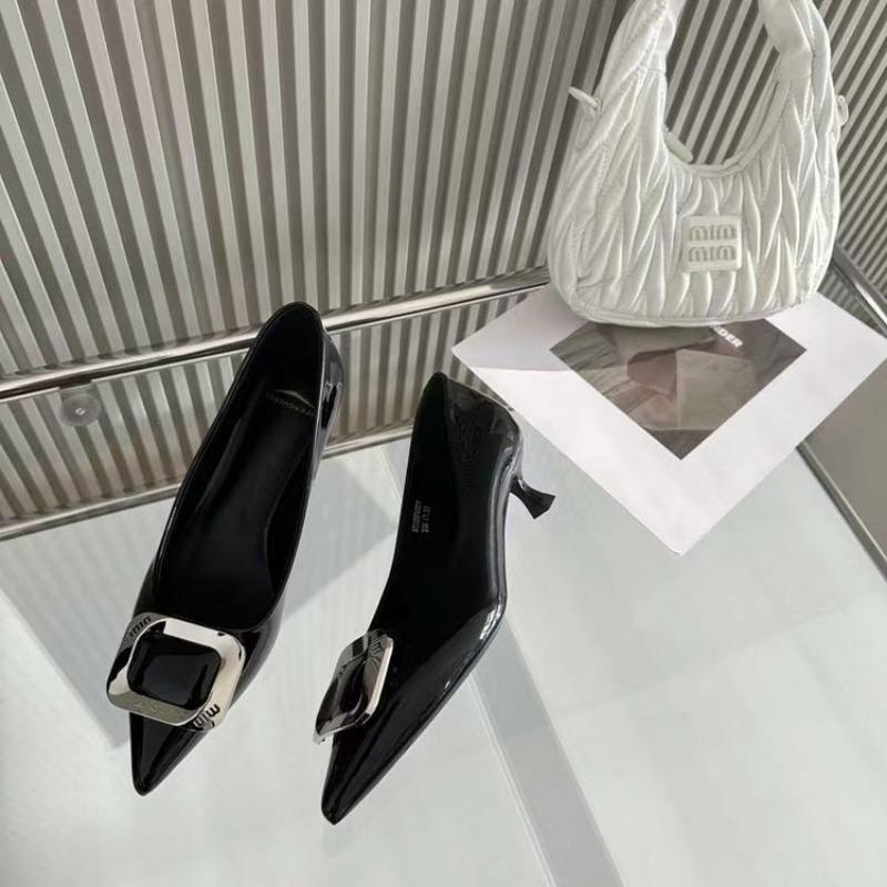 Black commuter professional pointed head thin heel light mouth single shoes nude square buckle patent leather high heels women's new models