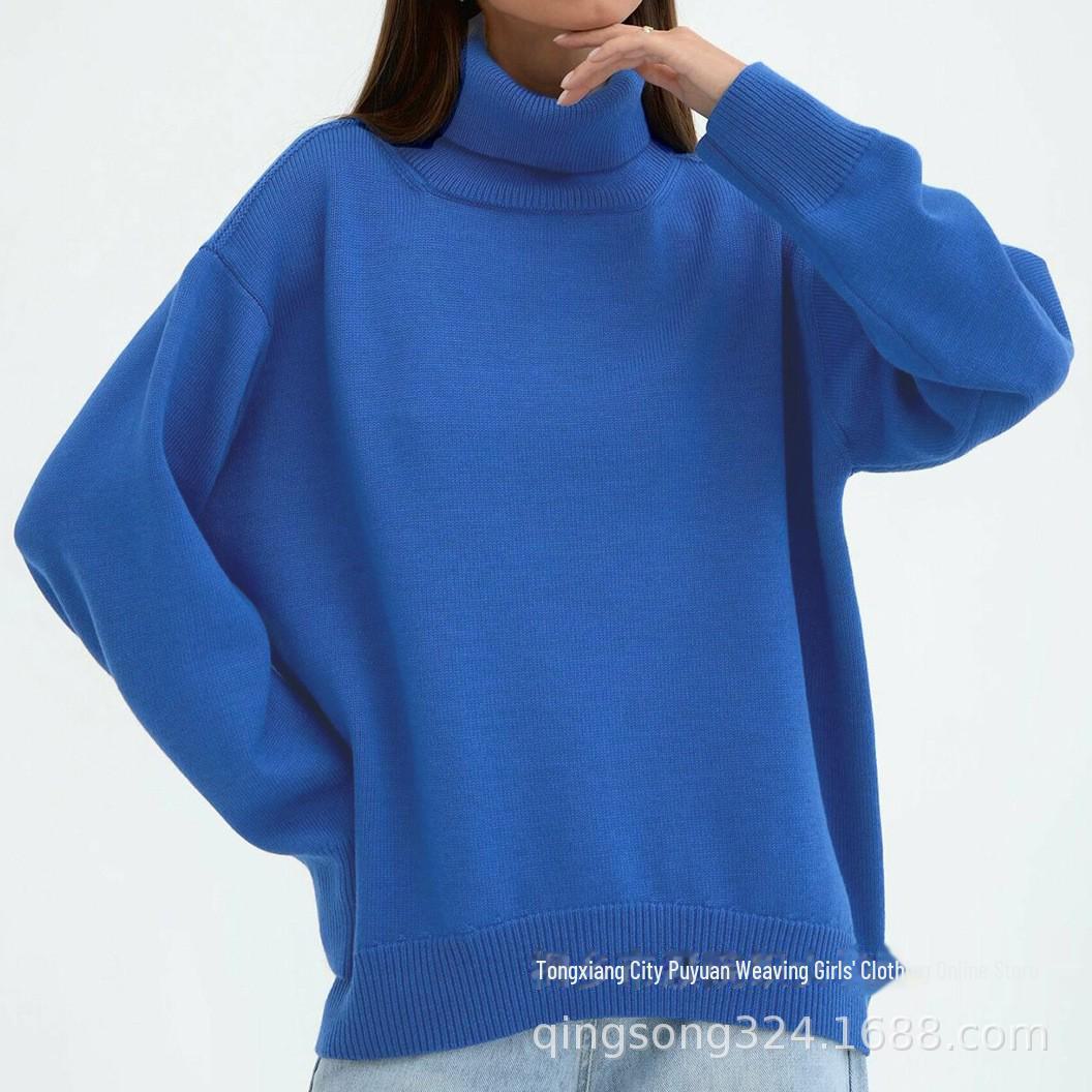 

2024 Европейский и Американский свободный свитер с высоким воротом: Классическая однотонная женская мода осень/зима One Size синий