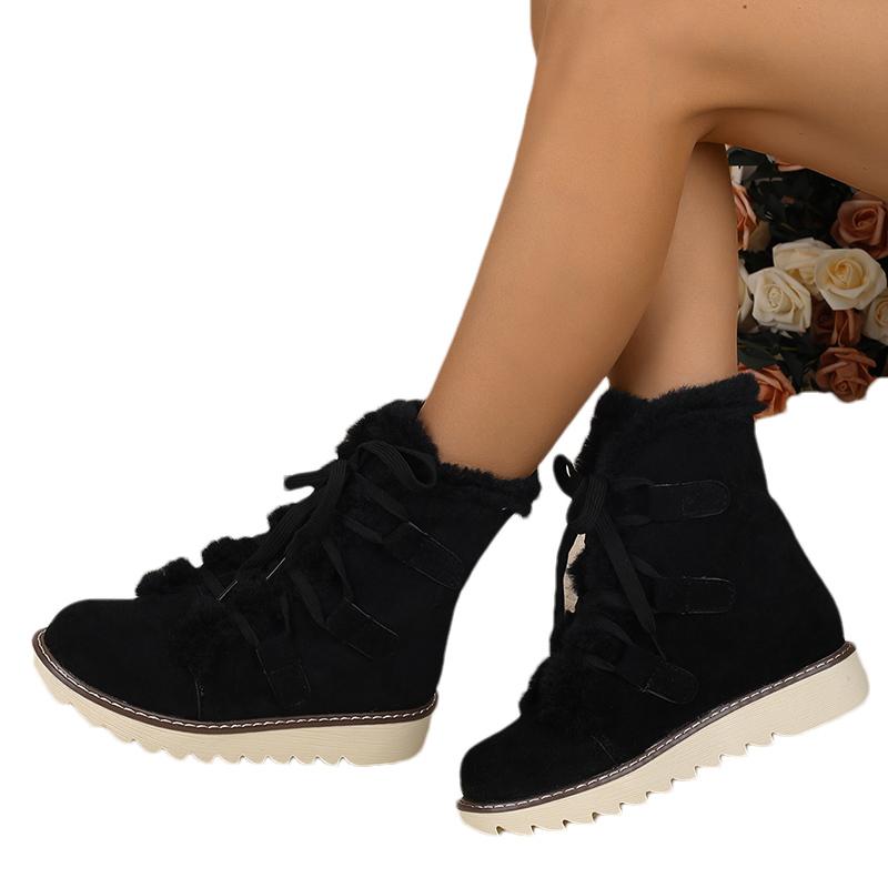 Fur Flats Women Snow Ankle Boots Suede Lace Up Casual Shoes Short Plush Cotton Boots 2025 Trend Winter Warm Non-slip Botas Mujer