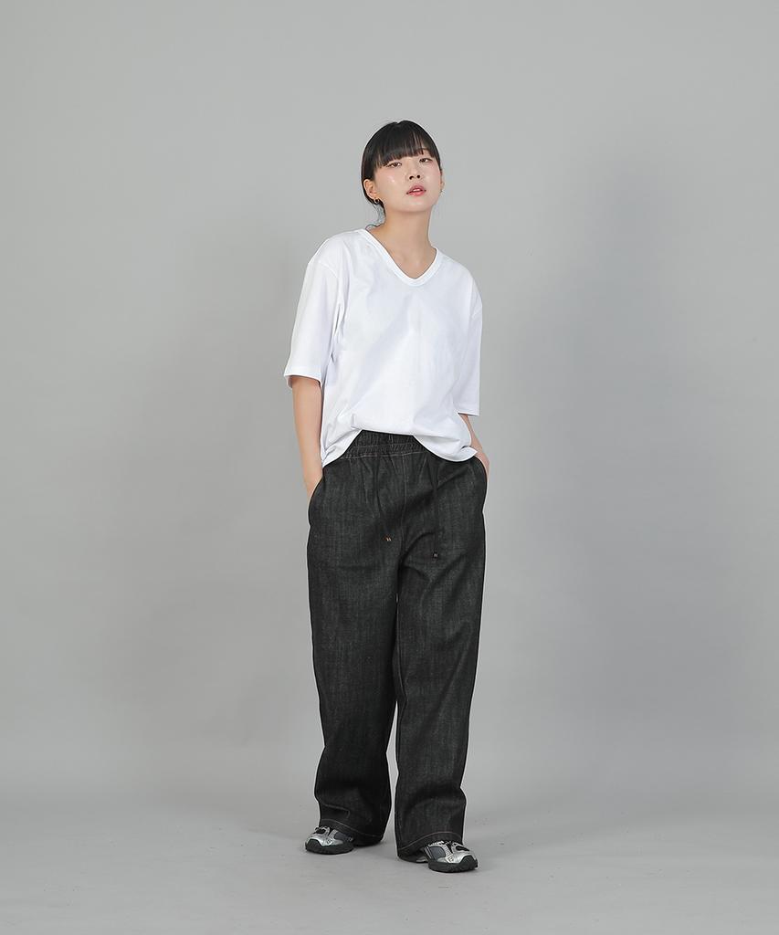 SAINTCREW Pocketless Work Elastic Waist Wide Pants Eww-385 Denim Black