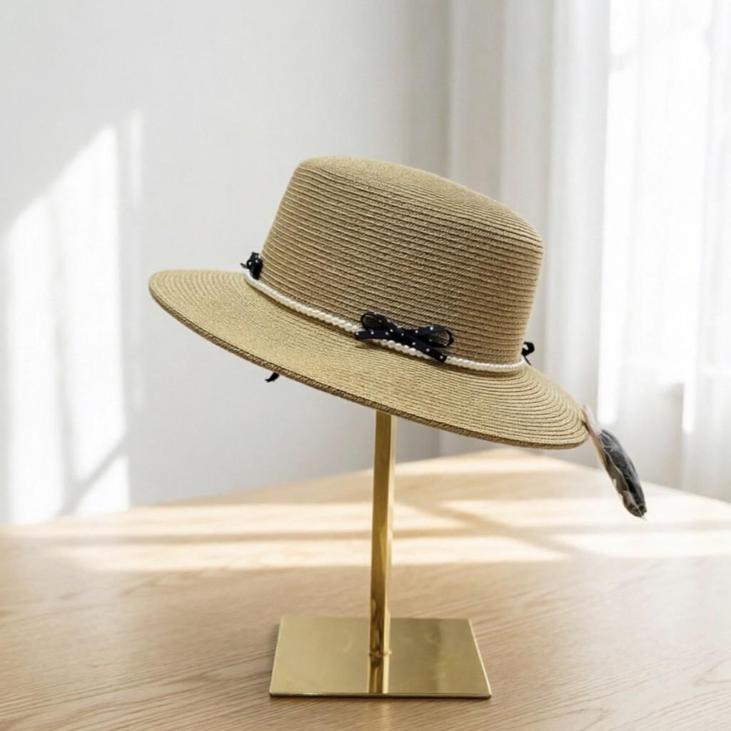 Classic Round Brim Weaving Hat With Elegant Embroidery And Adjustable Fit For Spring