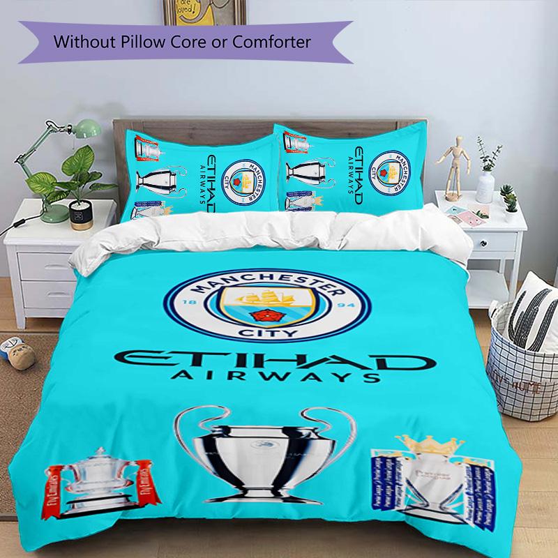 3 adet Manchester City Futbol Kulübü desenli nevresim takımı yorgan kılıfı takımı yorgan kılıfı ve yastık kılıfları içerir, her mevsim için mükemmel yatak odası dekorasyonu ve hediyesi