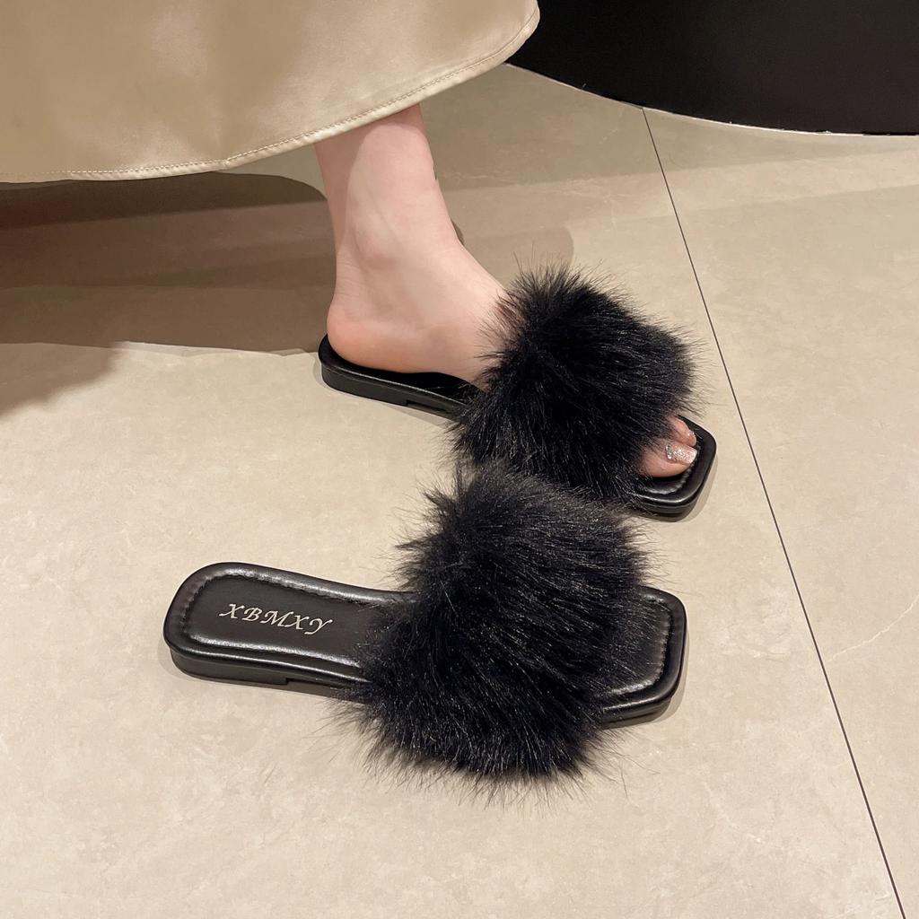 Fashion Summer Faux Fur Slippers Women Indoor Furry Fur Slides Female Plush Flip Flops Flats Sandals Casual Fluffy Slipper Outdoor Shoes