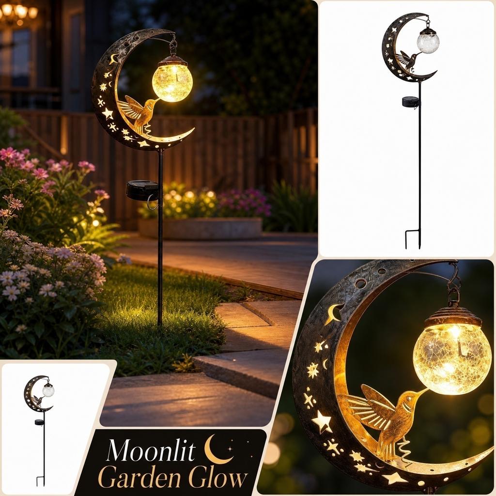 Solar Powered Outdoor Garden Stake Light Iron Art Moon and Bird Design Yard Landscape Decoration Pathway Lamp with Glass Globe