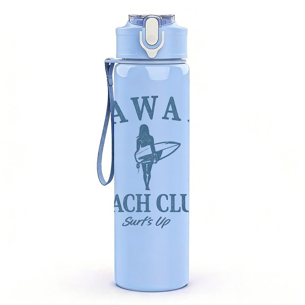 1PC Hawaii Beach Club Retro Badge Print 750ml Color Plastic Sports Water Bottle Leakproof Flip Straw Lid Suitable for Sports Office Home Use