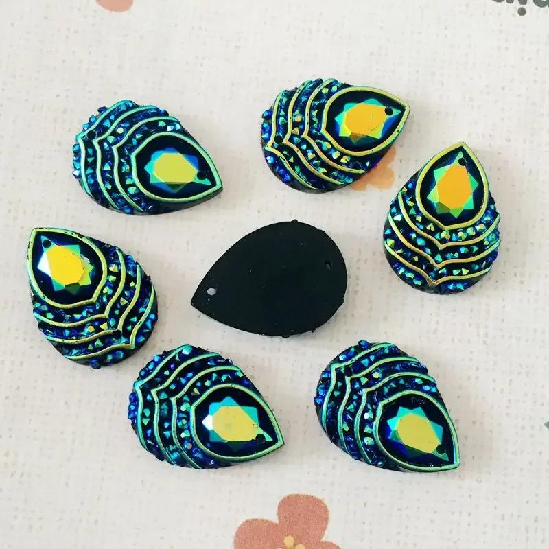 DIY 40pcs 13x18mm Teardrop Sew On Rhinestones AB Colors Resin Sew On Stone Flatback 2holes for Garment Clothing -A29