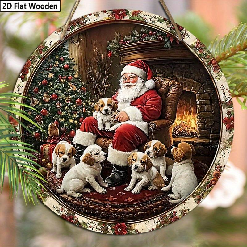 Christmas Decoration Sign,indoor Hanging decorations,2D Flat Wooden Products with The Pattern Is Santa Claus and dogs,Christmas Gifts for Family