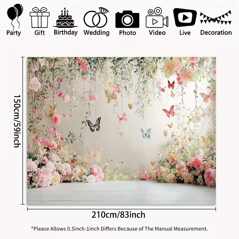2D Pastel Floral Backdrop, Delicate Hanging Flowers and Colorful Butterflies