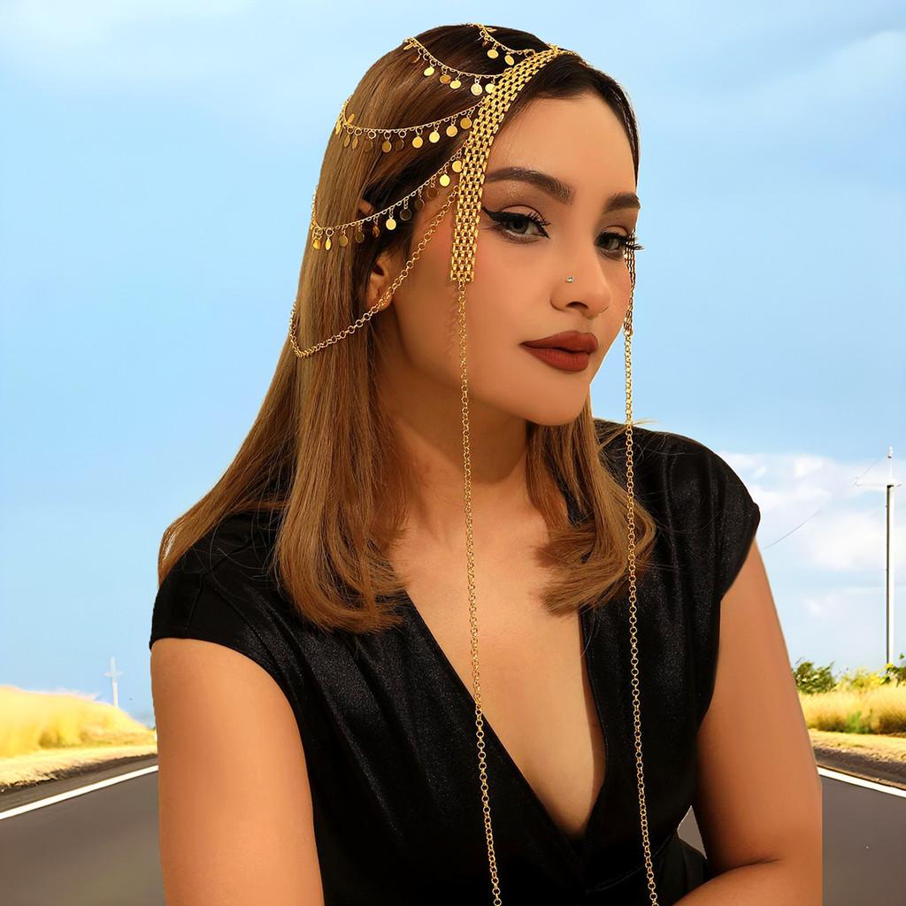 Middle Style Eastern Golden Headpiece With Tassels And Coin For Travel Holiday