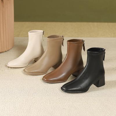 Ladies' Slim Boots with Thick Midsole and Versatile Commuting Square Toe and Back Zipper Short Boots for Women