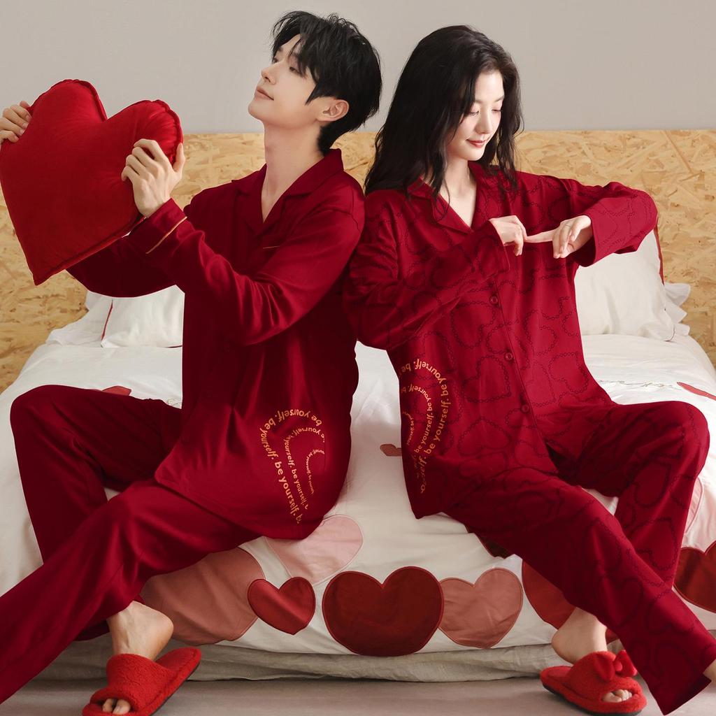 Red Turn-Down Collar Couple Pajamas - Long Sleeve, Plus Size, Korean Style Festive Homewear