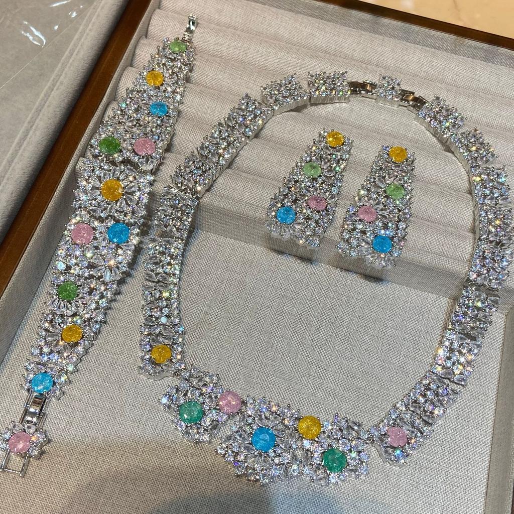 New Jewelry Set Full Of Zirconium Heavy Industry Exaggerated Fashion Banquet High-End Colored Treasure Necklace Earrings
