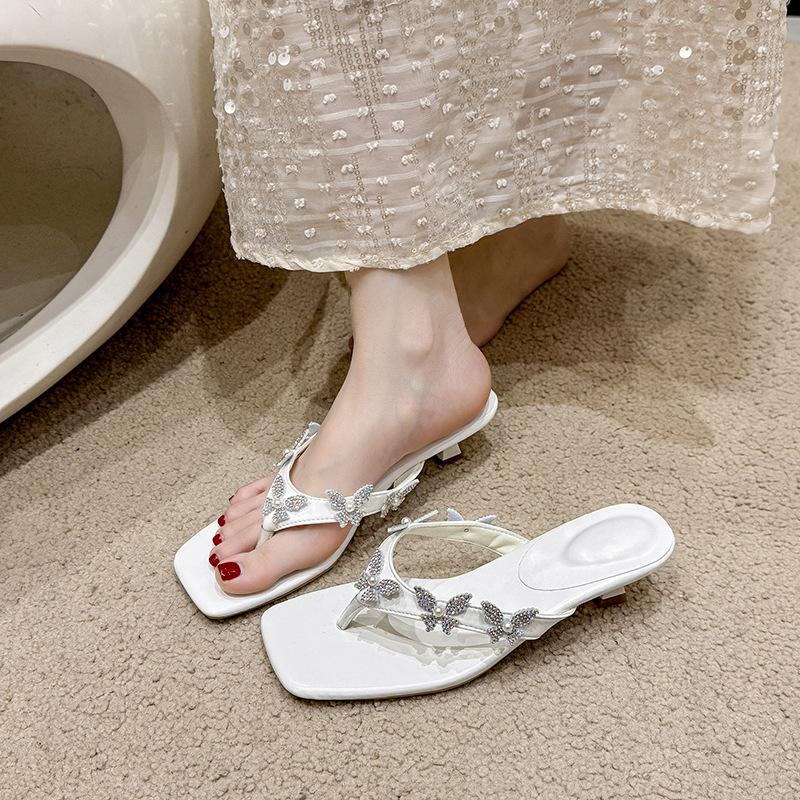 

2025 summer new fairy style square head thin heel flip-flops versatile fashion butterfly flower low heel slippers female 35