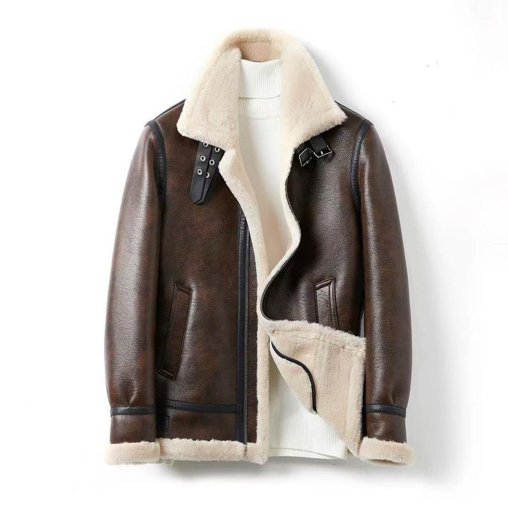 Fur and fleece integrated leather jacket new lapel thickened leather jacket wool winter men's jacket thermal jacket