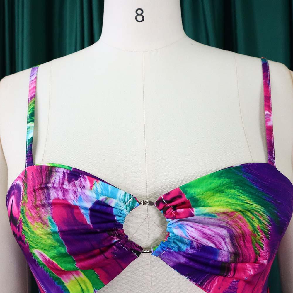 Women's Sexy Spaghetti Strap Colorful Print Maxi Dress, Backless Cut Out High Waist Tiered Beach Vacation Evening Party Gown