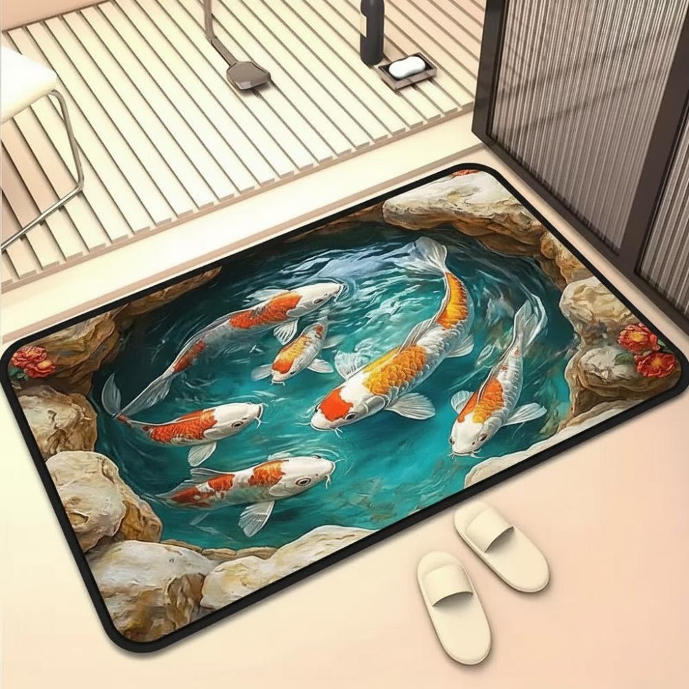 

40*60cm 3D Visual Crystal Velvet Floor Mat Koi Fish Printing Water-absorbing Bedroom Door Small Rug Abrasion-resistant Non-slip
