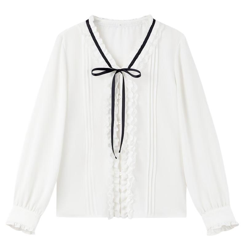 Qiusbuiyiren V-Neck Ruffle Trim Chiffon Blouse M