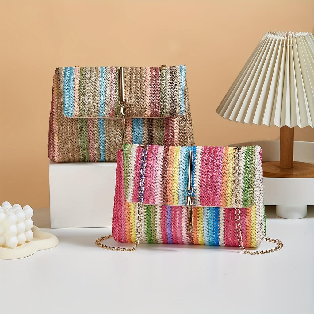 Borsa a tracolla chic a righe arcobaleno in paglia per donna, tracolla regolabile, chiusura magnetica, accento con nappa, portamonete quadrato