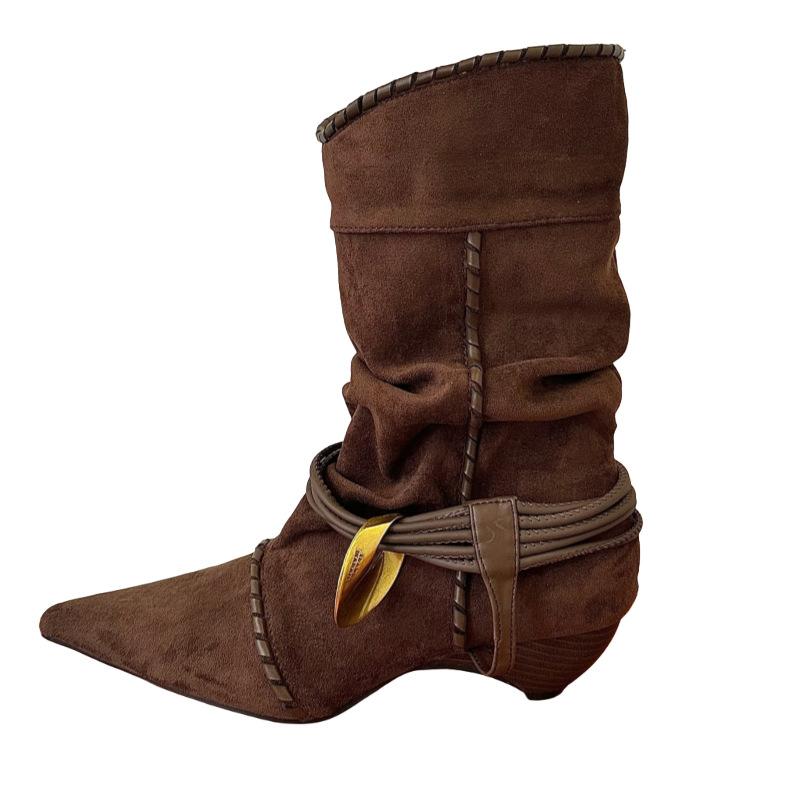 Vintage Maillard! Temperament suède puntige metalen gesp opgestapelde laarzen dames 2025 herfst en winter geweven two-wear korte laarzen