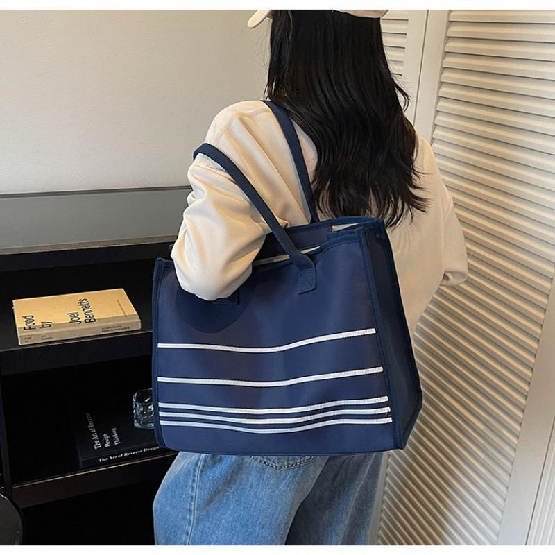 Striped Canvas Bag Women's Large-capacity New Autumn and Winter Versatile Simple Shoulder Bag College Student Tote Bag