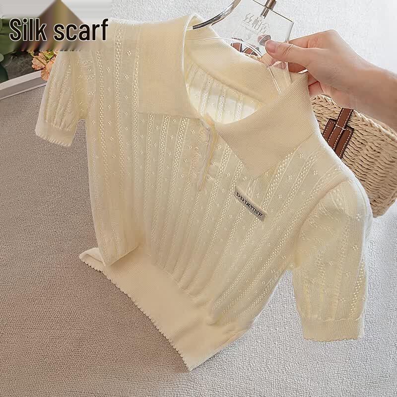 Women s Wool Blend Turn-Down Collar Three-Quarter Sleeve Knitted Top One Size
