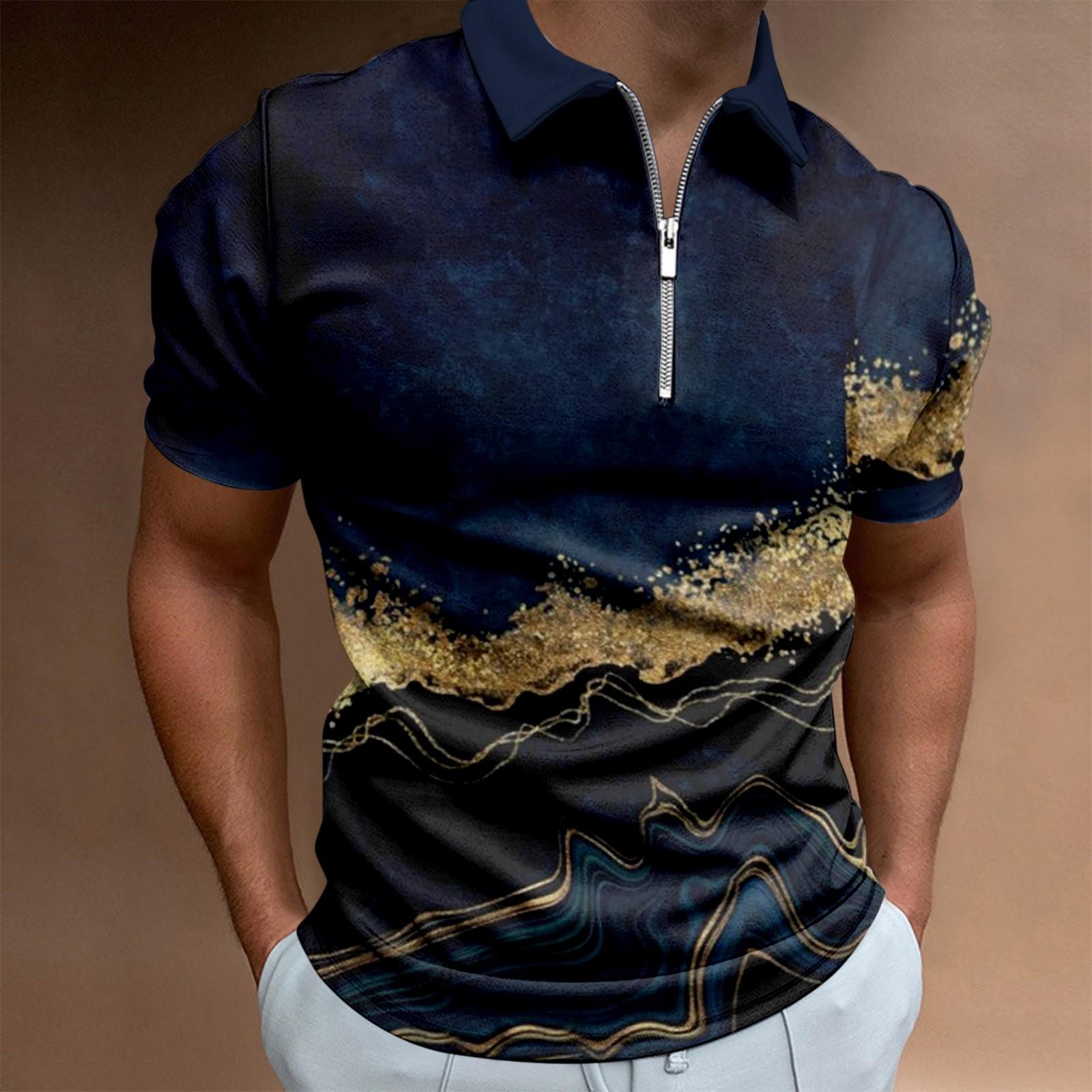 

Рабочая одежда Мужская рубашка с короткими рукавами на молнии с креативной полосой и 3D-печатью L тёмно-синий