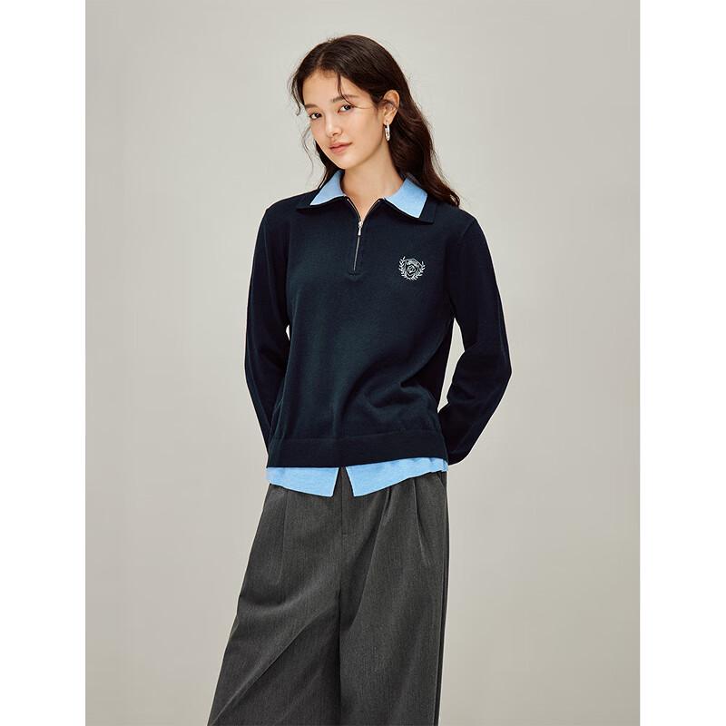 INMAN Women's Color-block Polo Knitted Pullover